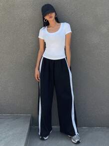 DAZY Solid Color Slim Fit Women Tee With Large Round Neckline Summer