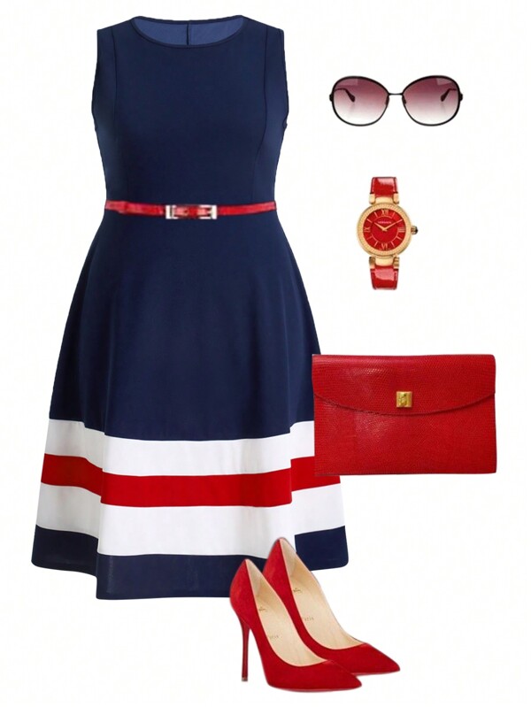 SHEIN Ellevyn Plus Size Women Fashionable And Classic Sleeveless Dress, Versatile And Easy-To-Match, Summer