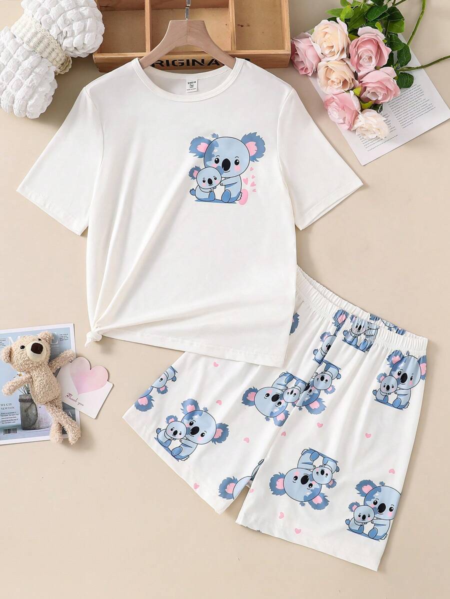 Teen Girls' White Simple Koala Print Short Sleeve And Shorts Casual 2Pcs Home Outfit