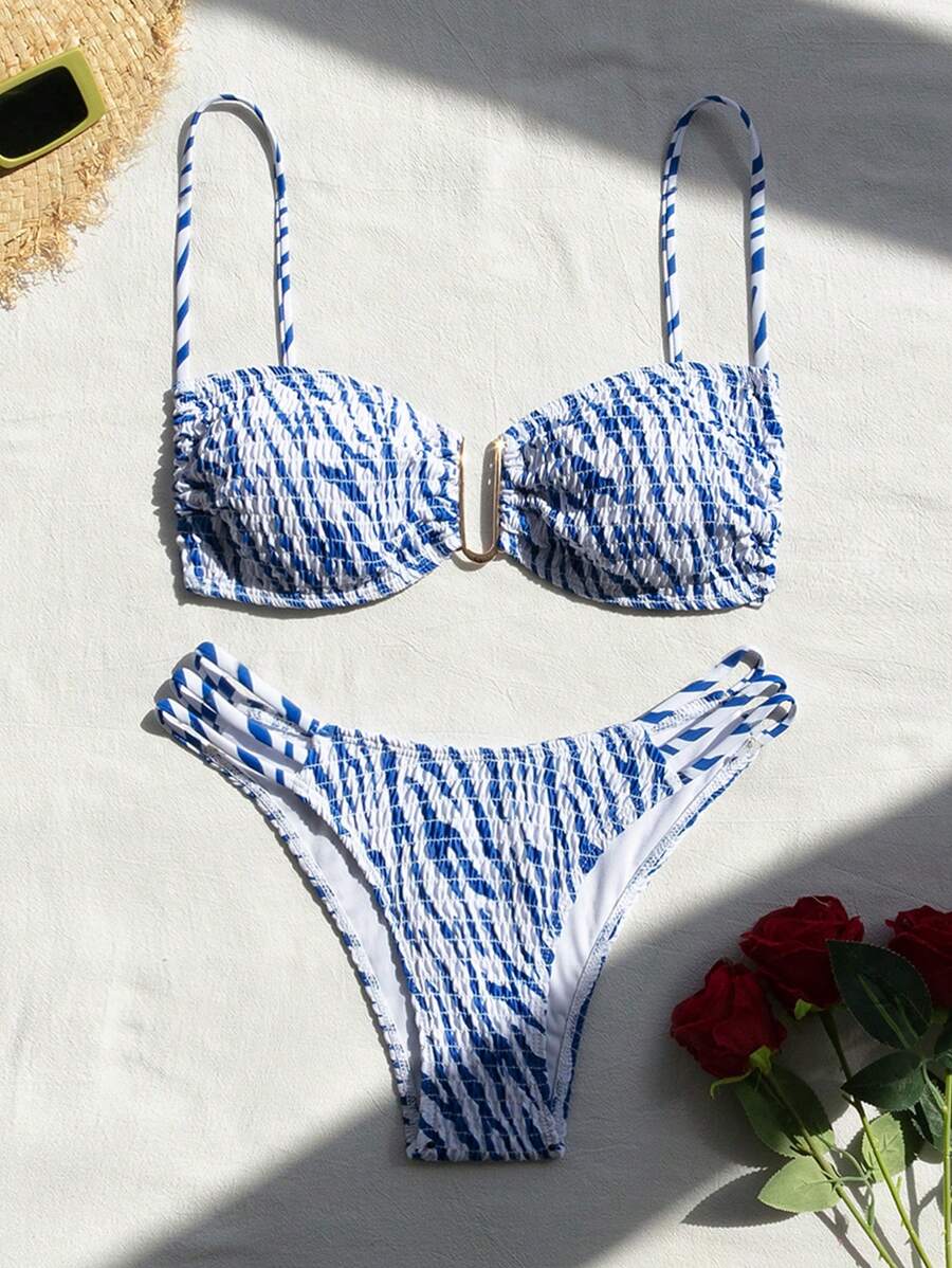 SHEIN Swim Women Fashionable Split Flounce Design Printed Bikini Set Random Color Summer Beach - Blue and White - View 1