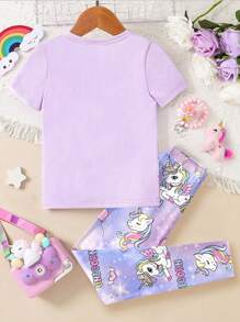 SHEIN Leap Crew Bộ đồ ngủ 2 món họa tiết kỳ lân màu tím cho bé gái, áo thun kỳ lân cầu vồng cá nhân hóa, kỳ lân trắng, ngựa, ngựa đẹp, tiệc kỳ lân, chủ đề kỳ lân, áo thun tay ngắn in hình kỳ lân hoạt hình thường ngày và quần dài cho bé gái tuổi mới lớn, vừa vặn, xuân/hè - Nhiều màu - Xem 2