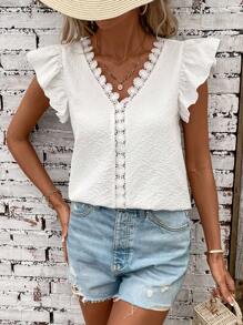 SHEIN LUNE Summer Fashion Shirt With Texture Fabric Splicing, Water Soluble Lace And Ruffle Edging - White - View 4