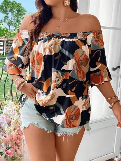 Vionelle Plus Size Vacation Casual Flower Print Off Shoulder Ruffle Sleeve Blouse For Summer