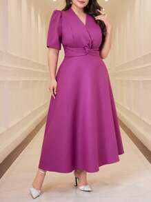 Modelyn 大码 V 领扭纹设计纯色泡泡袖连衣裙长款晚礼服