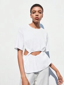 Maija Women's Casual Hollow Out Round Neck Short Sleeve T-Shirt, Summer - White - View 5