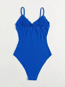 SHEIN Essnce 夏季休閒純色蕾絲邊細肩帶連身衣 - 寶藍色 - 查看 3