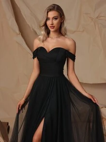 VIPGIRL 高端晚礼服，性感优雅，露肩长裙，奢华成人礼服，适合T台走秀/演出，黑色正式舞会/婚礼宾客礼服，毕业典礼/晚宴春季礼服 - 黑色 - 查看 8