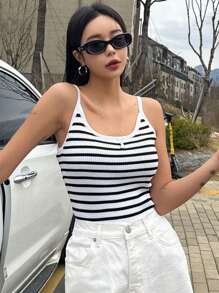 DAZY Summer Casual Knit Striped Camisole Top - Black and White - View 1