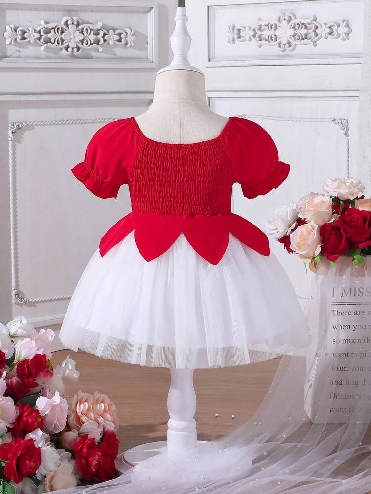Baby Girl Summer Elegant Mesh Contrast Bowknot Short Sleeve Dress