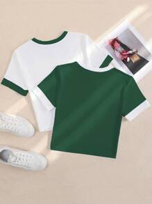 SHEIN Unity Bộ áo thun ngắn tay bó sát màu tương phản đen trắng - Màu xanh lá cây đậm - Xem 2