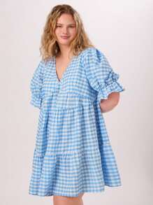 Forever 21 Kỳ nghỉ hè Trang phục nữ Gingham Plus Size với phong cách nông thôn - Màu xanh nhạt - Xem 3
