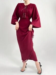 Mulvari Burgundy Red Solid Color Lace Spliced Tie Neck Top And Skirt Set 2 Pieces Set