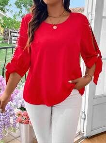 EMERY ROSE Plus Size Faux Pearl Beaded Round Neck Hollow Out Tie Front Summer Casual Shirt For New Year Clothes