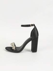 Spring/Summer Women's Fashionable Rhinestone Buckle Comfort Vacation Strappy High Heel Roman Thick Heel Party Wedding Sandals - Black - View 4