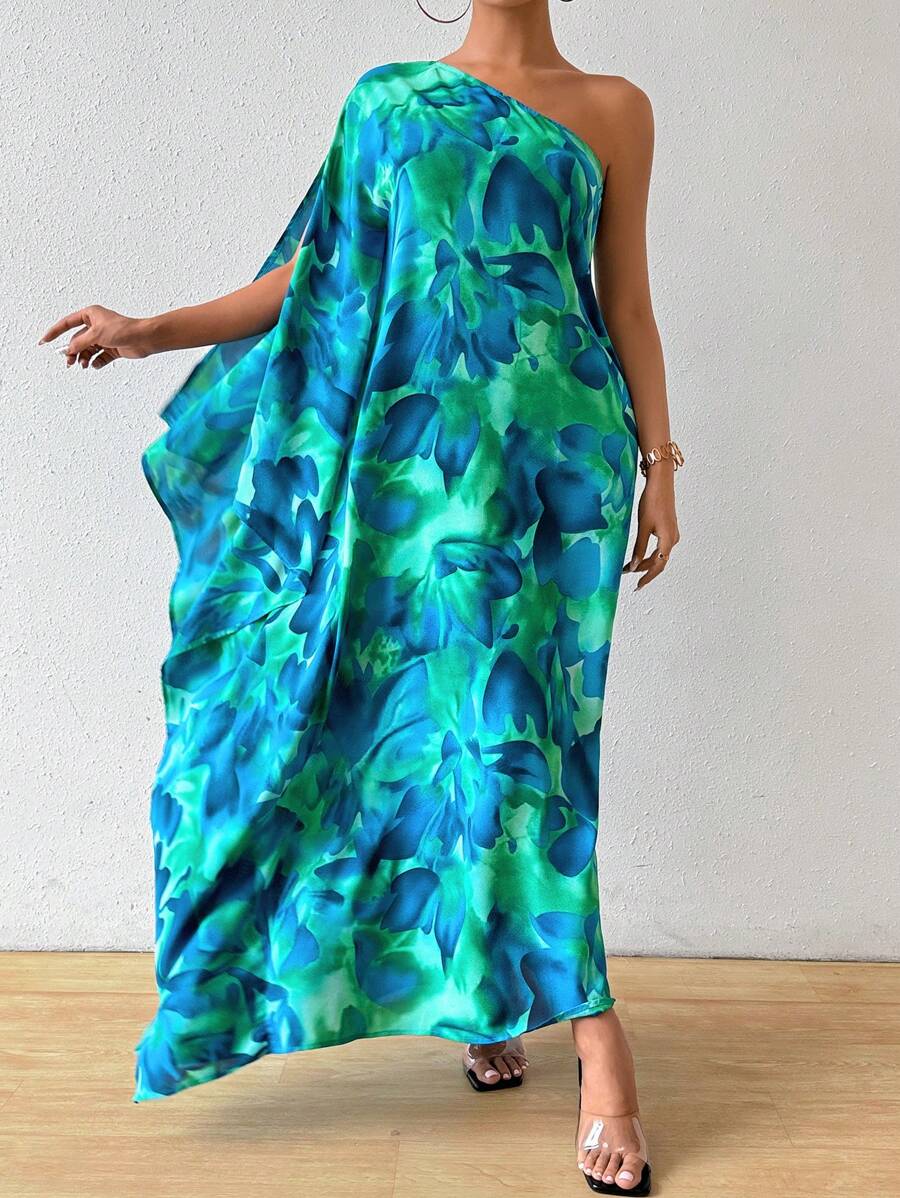 Breezaya 女士花卉印花不对称斗篷袖长裙女式长款服装 - 彩色 - 查看 1