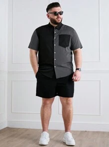 Manfinity Homme Men Plus Size Striped Patchwork Short Sleeve Shirt With Pocket Summer Button Up Color Block Vacation Casual Shirt