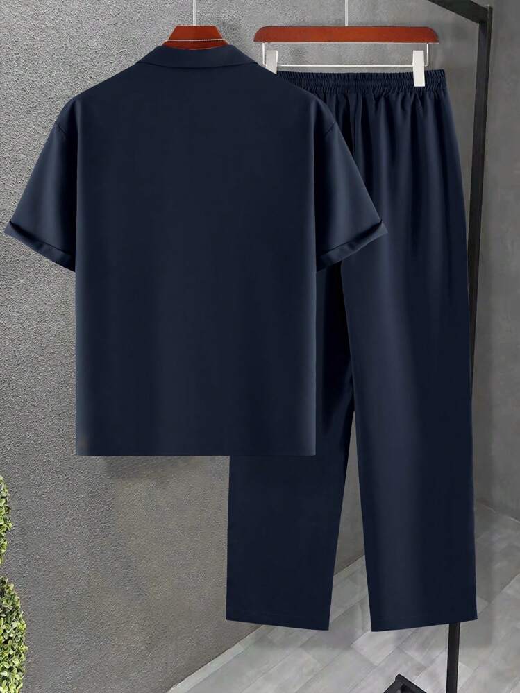 Manfinity Homme Camisa e Calça Sólida de Ajuste Folgado com Gola Esporte para Homens, Conjunto Confortável - Azul Royal - Visão 2