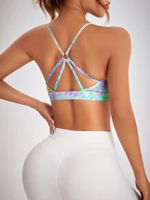 SHEIN Sovereign Charm Women Shock Color Leopard Print Round Neck Wireless Shockproof Comfortable Sports Bra - Multicolor - View 1