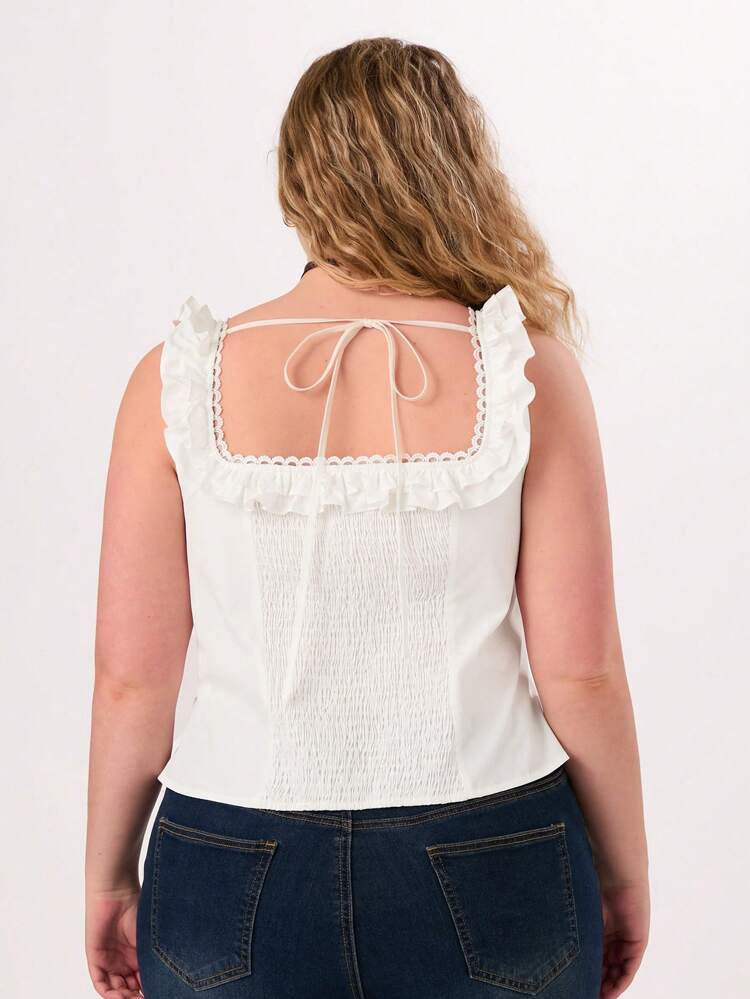 Plus Size Women Casual Pleated Frill Trim Beach Vacation Camisole Top
