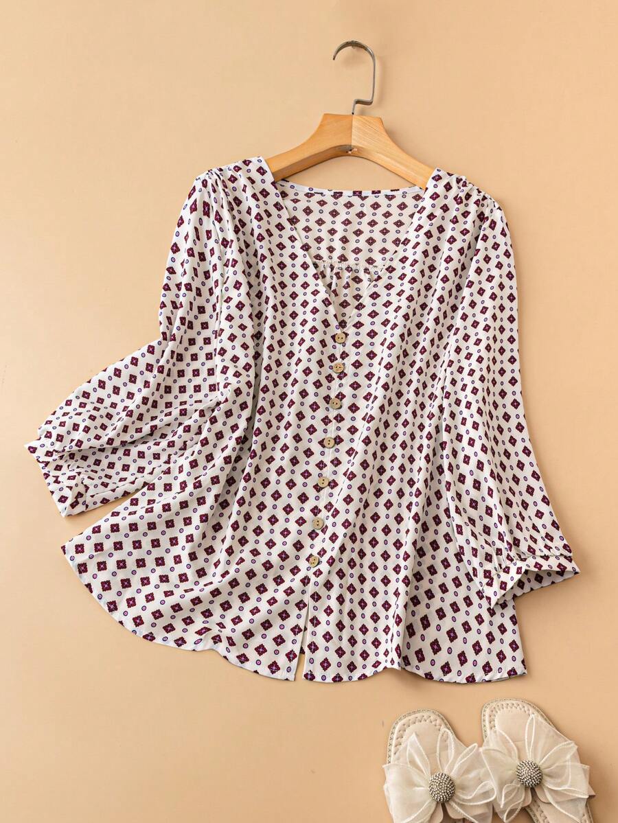 SHEIN LUNE Chemise à manches longues avec impression géométrique, col en V et grande taille - Beige - Voir 1