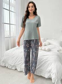 Colorblock Floral Print Nightwear Set Pajama Set With Bowknot Embellishment - Multicolor - View 5