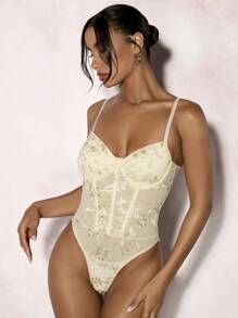 Relinas 女士時尚夏季花卉刺繡魚骨壓線修身連身衣，帶細肩帶