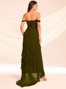 Mesh Ruffle Trim Off Shoulder Ruched Split Thigh Sheer Unlined Cloth Formal Dress,Graduation Dress