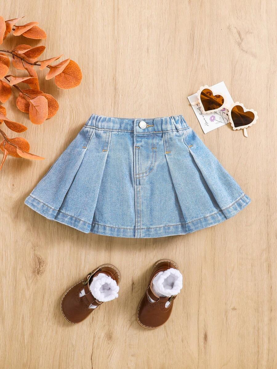 SHEIN 嬰幼兒女孩休閒百褶短牛仔裙，具有大學風格 - 淺色水洗藍 - 查看 1