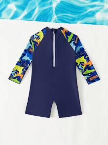 SHEIN Baby Boy Dinosaur Print Round Neck Raglan Sleeve Casual Swimwear With Shorts For Vacation - Multicolor - View 2