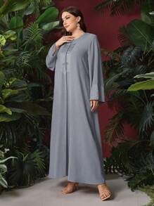 Al Najma 女性時尚優雅寬鬆長款阿拉伯風格大尺碼服裝 - 霧霾藍 - 查看 4