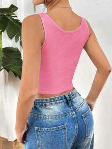 SHEIN EZwear Áo ba lỗ ngắn dệt kim sườn rắn mùa hè dành cho nữ - Hồng - Xem 2