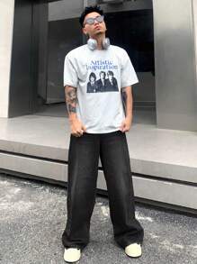 DAZY 男士水洗休闲宽松阔腿牛仔裤，返校服 - 深灰色 - 查看 5