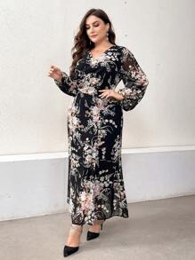 Modelyn Plus Size Floral Print Lantern Sleeve V-Neck Dress With Waist Knot