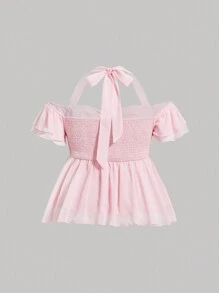 SHEIN MOD Plus Size Light Pink Ruffled Trim Hang Neck Ribbon Cute And Soft Summer Vacation Style Blouse - Baby Pink - View 2