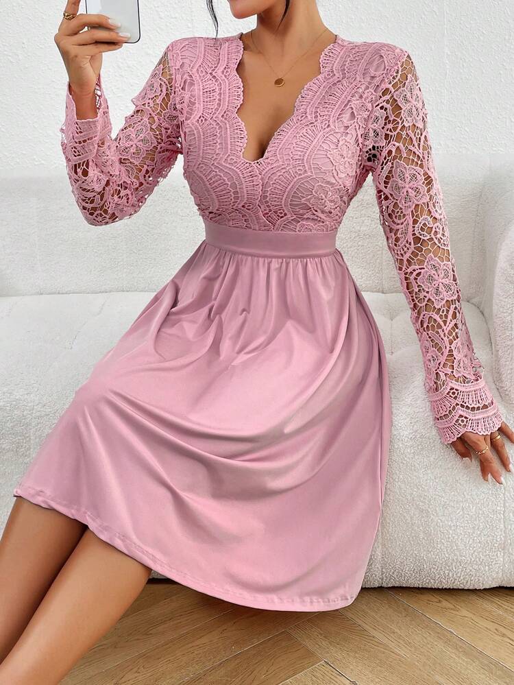 Women Spring/Summer Long-Sleeve Backless Lace Patchwork Elegant Dress