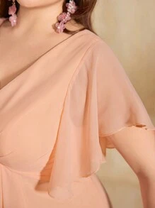 Plus Size Women V-Neck Flouncing Sleeve Open Back Bow Tie Front Ruched High Split Chiffon Bridesmaid Dress - trái cam - Xem 4