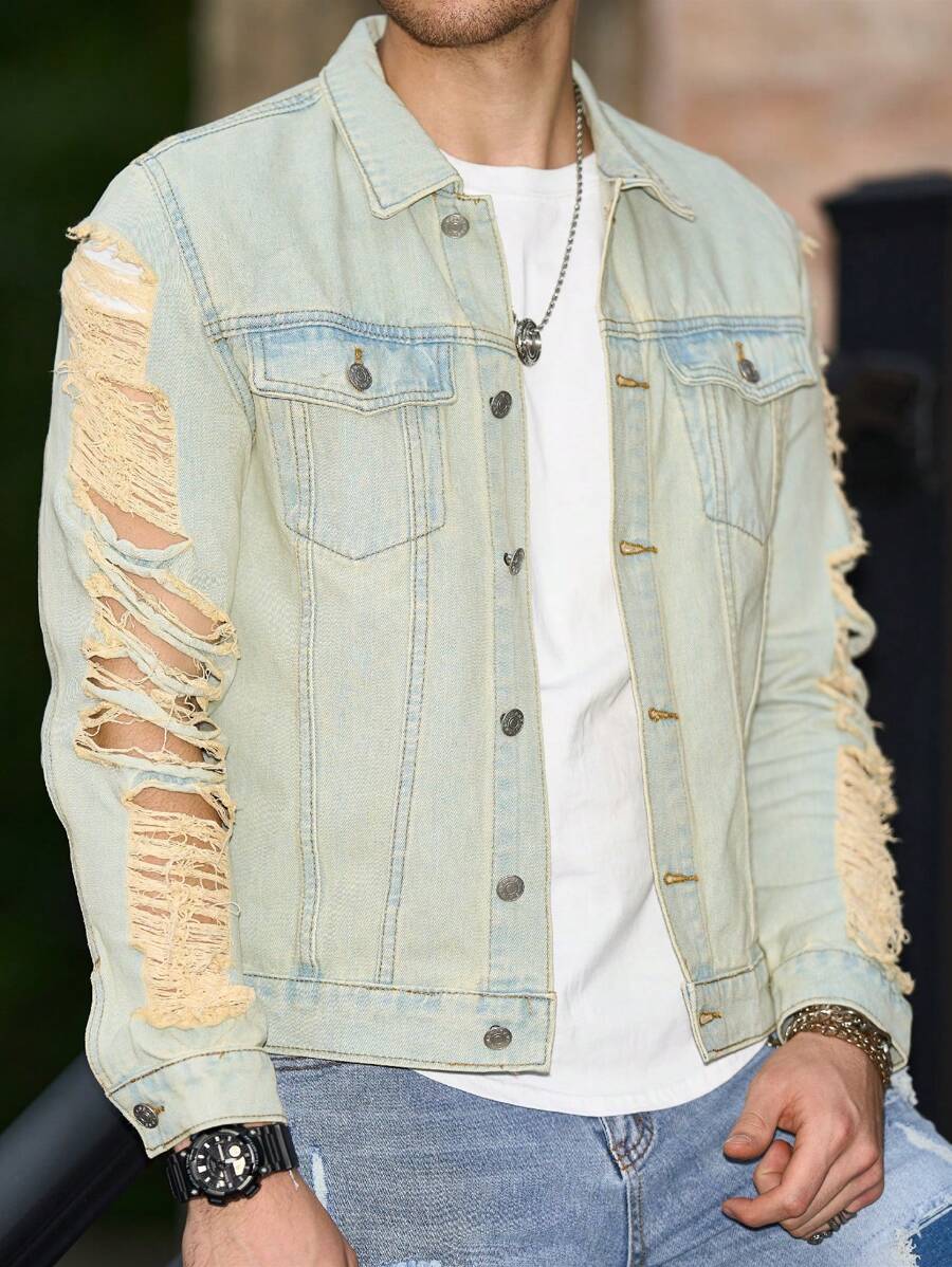 Manfinity LEGND Áo khoác denim rách Slim Fit thời trang cho nam - Đồng - Xem 1