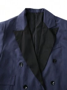 Manfinity Mode Men Spring And Autumn Contrast Color Lapel Double Breasted Jacket And Pants Business Suit For Daily Or Travel - Navy Blue - View 4