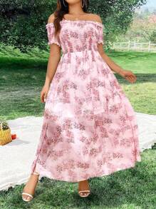 Sunnyshic Plus Size Off Shoulder Chiffon Floral Print Split Long Dress For Vacation
