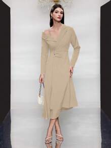 Modelyn Women Simple And Elegant Spring/Summer Solid Color Asymmetrical Collar Long Sleeves Dress With Waist Pleats - Khaki - View 5
