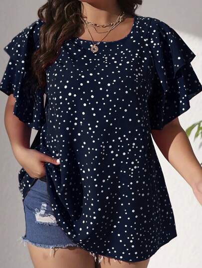EMERY ROSE Plus Size Vacation Casual Polka Dot Print Blus med volanger fåll, sommar