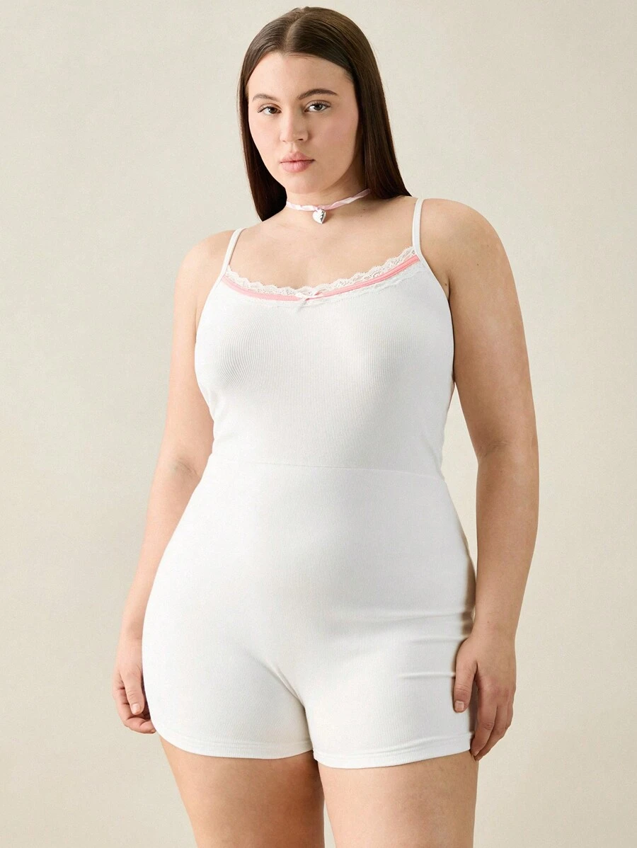 Forever 21 Plus Size Women Summer Lace Trim Tight Jumpsuit With Spaghetti Straps - White - View 1