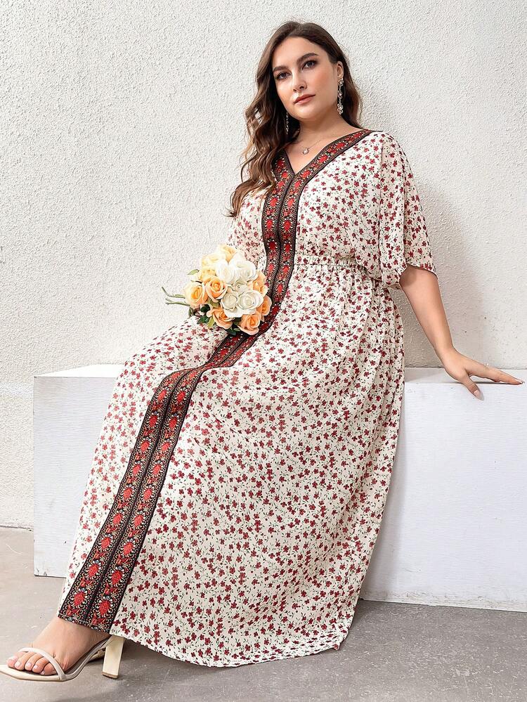 Plus Size Women Bohemian Style Floral Print Splice Weaved Belt V-Neck Batwing Sleeve Loose Long Dress