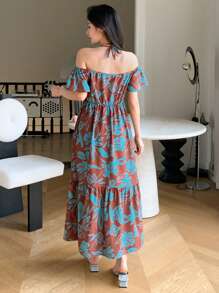 Dazy Designer Vestido de mujer con estampado floral, escote hombros descubiertos, cuello halter y diseño de vestido de verano