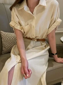 DAZY Striped Shirt Dress Without Belt Sundress,Fall Dress Long Sleeve Dress - Apricot - View 2