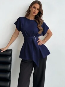 Aloruh Chemise pour femme simple et élégante pour aller travailler, à col rond, nouée à la taille avec la forme X