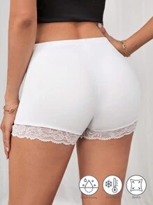 SHEIN Tall 女性高腰蕾絲拼接透濕排汗彈性白色緊身褲 - 白色 - 查看 2