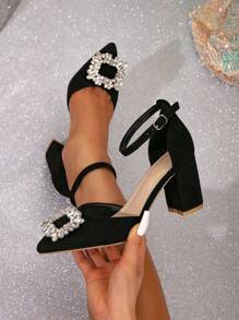 Fall/Winter 2025 Pointed Toe Crystal Embellished Chunky Heel Pumps, Spring/Summer, Elegant,Party Outfits - Black - View 2