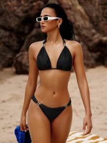 SHEIN Swim Solid Color Bikini Set With Metal Decoration, Detachable Top And Bottom For Beach Vacation, 2pcs/Set Summer Beach