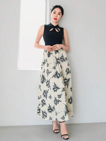 EastFlair Vestido de mujer nuevo estilo chino con cuello alto tejido y estampado floral con parches